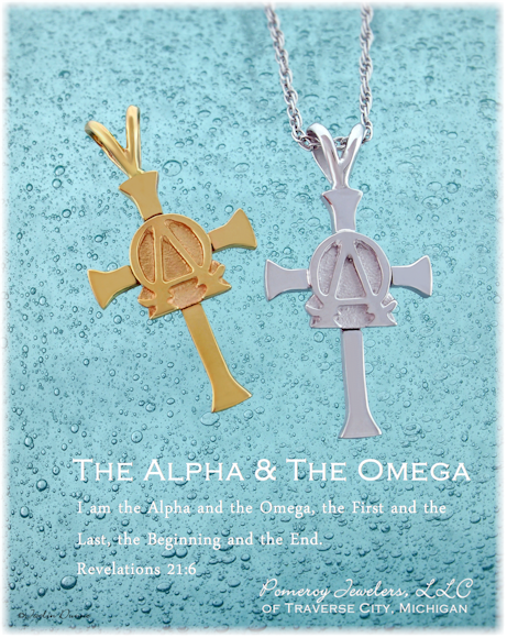 Alpha and Omega crosses on aqua surface- 14k yellow gold and sterling silver. 