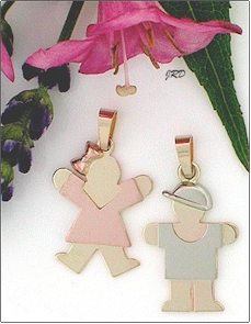 Two-tone 14k gold girl and boy pendants.