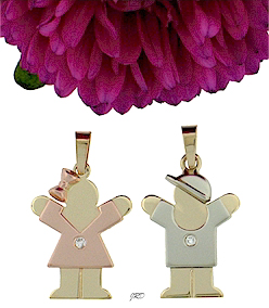 Single diamond 14k gold girl and boy pendants.