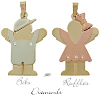 Diamond set bib overall boy and ruffled dress girl pendants.